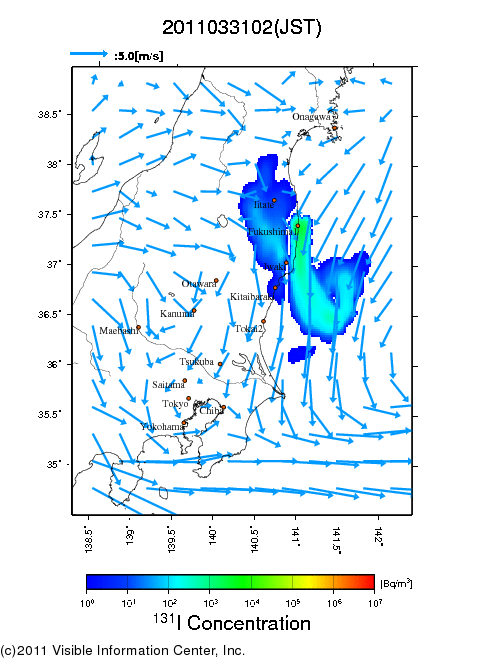 地表付近 大気中濃度分布[Bq/m3]　2011-03-31 02時