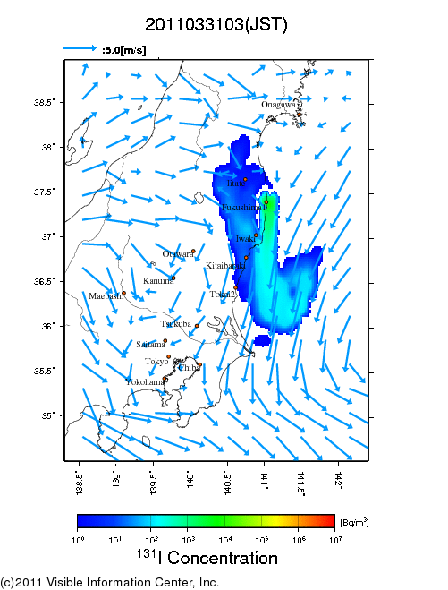 大気中濃度分布[Bq/m3]　2011033103