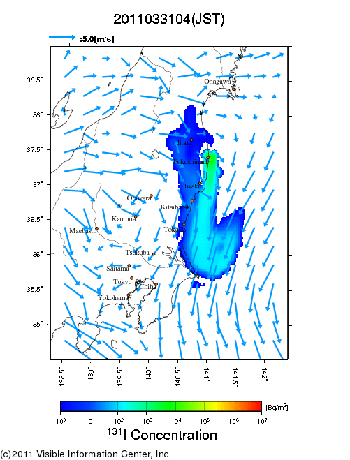 大気中濃度分布[Bq/m3]　2011033104