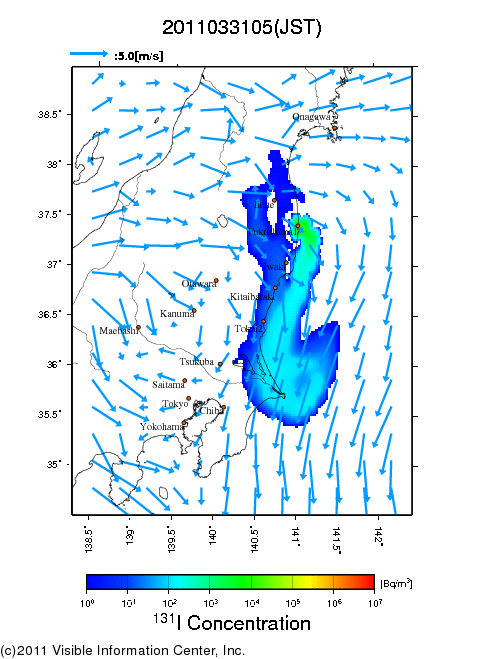 地表付近 大気中濃度分布[Bq/m3]　2011-03-31 05時