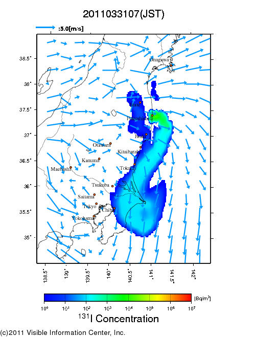 地表付近 大気中濃度分布[Bq/m3]　2011-03-31 07時