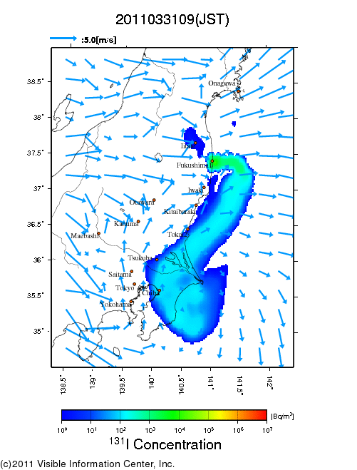 地表付近 大気中濃度分布[Bq/m3]　2011-03-31 09時