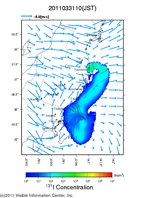 地表付近 大気中濃度分布[Bq/m3]　2011-03-31 10時