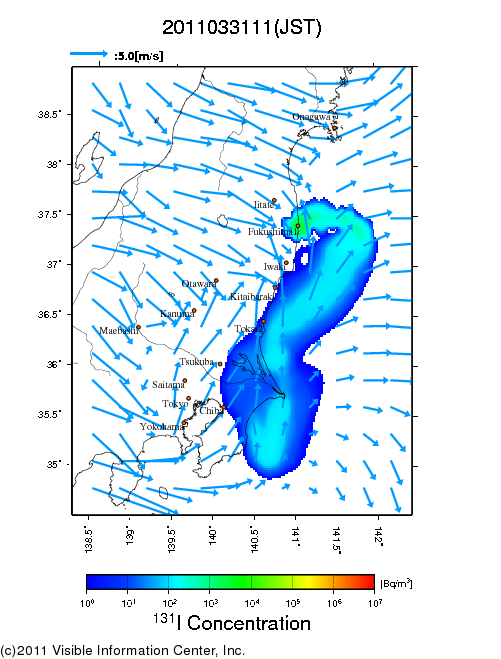 地表付近 大気中濃度分布[Bq/m3]　2011-03-31 11時