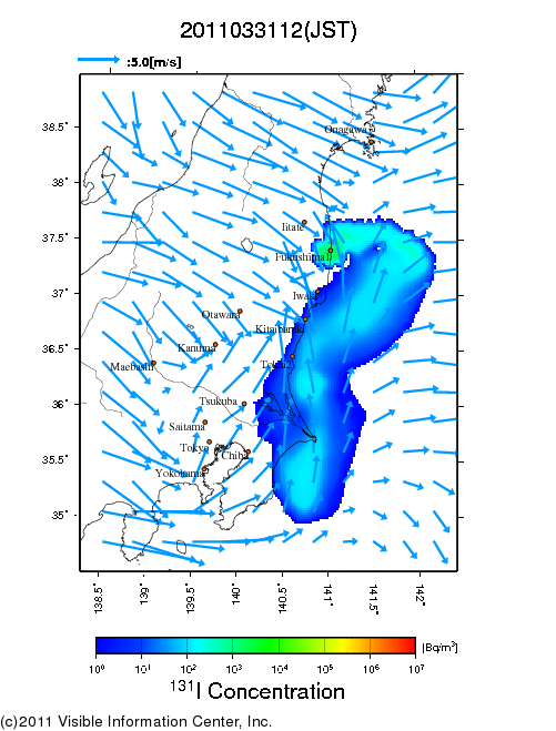 地表付近 大気中濃度分布[Bq/m3]　2011-03-31 12時