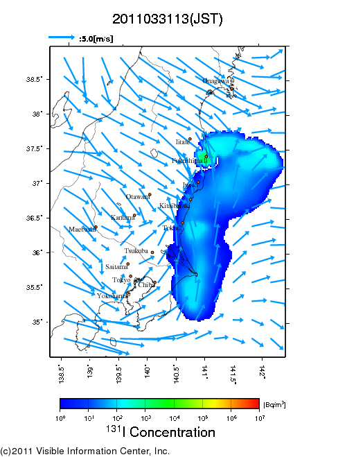 地表付近 大気中濃度分布[Bq/m3]　2011-03-31 13時