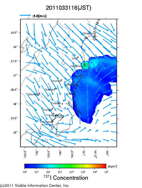 大気中濃度分布[Bq/m3]　2011033116