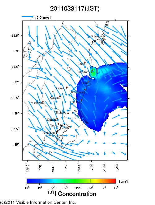 大気中濃度分布[Bq/m3]　2011033117