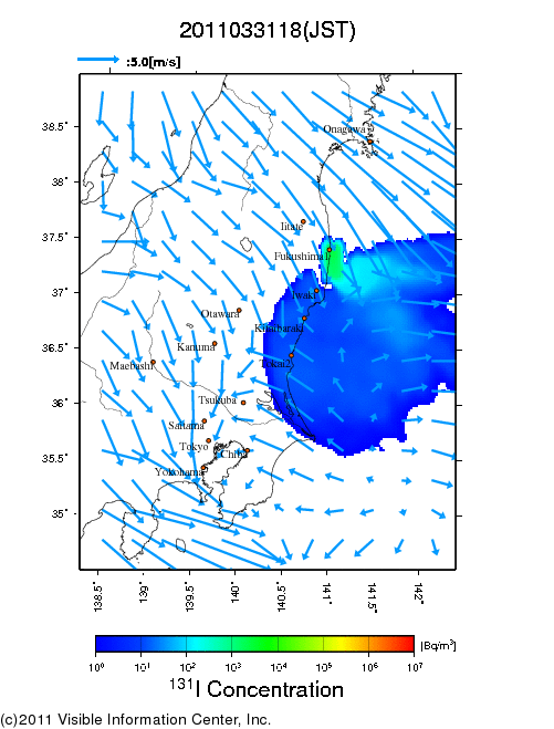 大気中濃度分布[Bq/m3]　2011033118