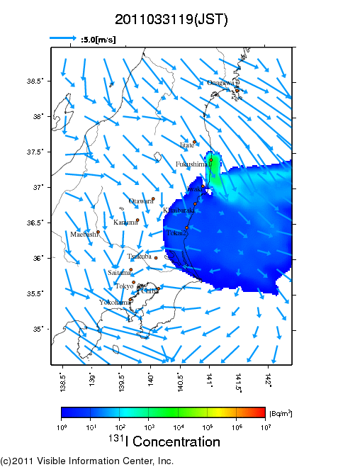 大気中濃度分布[Bq/m3]　2011033119