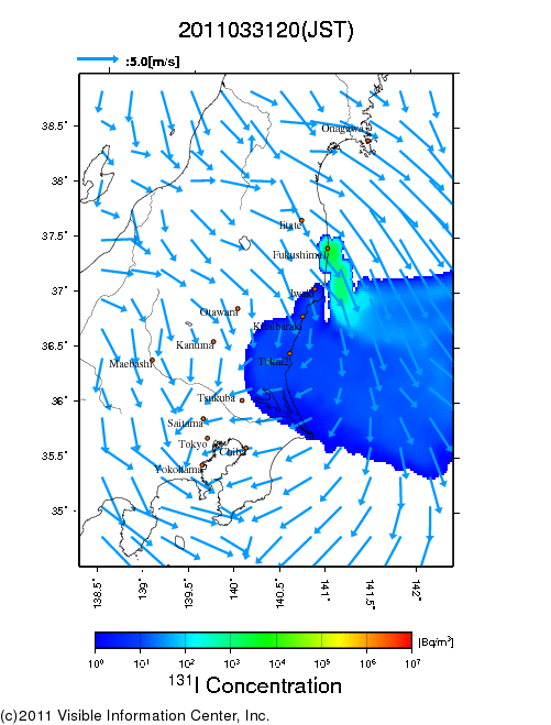 大気中濃度分布[Bq/m3]　2011033120