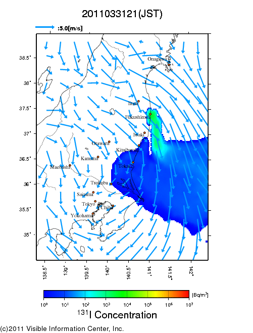 大気中濃度分布[Bq/m3]　2011033121