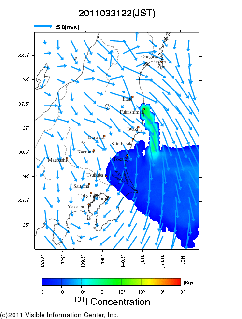 大気中濃度分布[Bq/m3]　2011033122