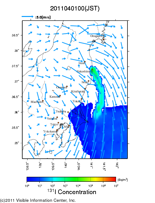 地表付近 大気中濃度分布[Bq/m3]　2011-04-01 00時