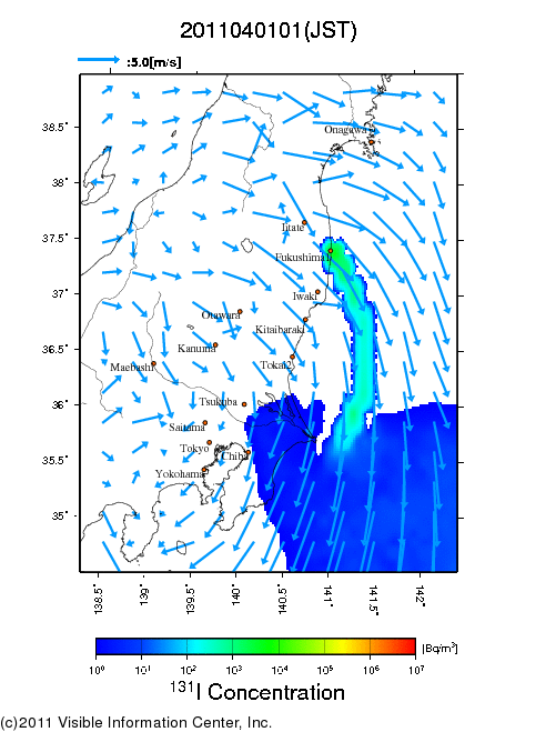 地表付近 大気中濃度分布[Bq/m3]　2011-04-01 01時