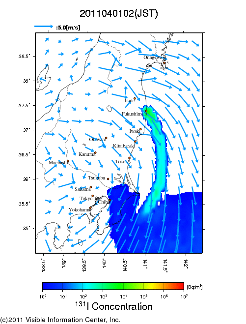 地表付近 大気中濃度分布[Bq/m3]　2011-04-01 02時