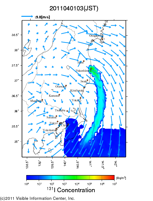 地表付近 大気中濃度分布[Bq/m3]　2011-04-01 03時