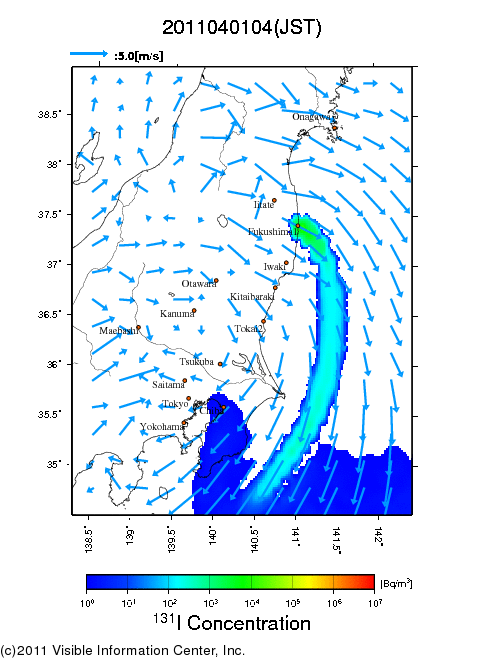 地表付近 大気中濃度分布[Bq/m3]　2011-04-01 04時