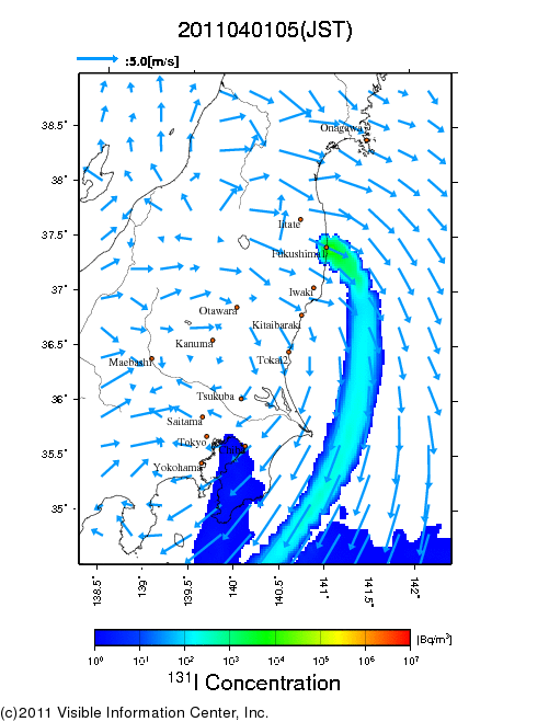 地表付近 大気中濃度分布[Bq/m3]　2011-04-01 05時