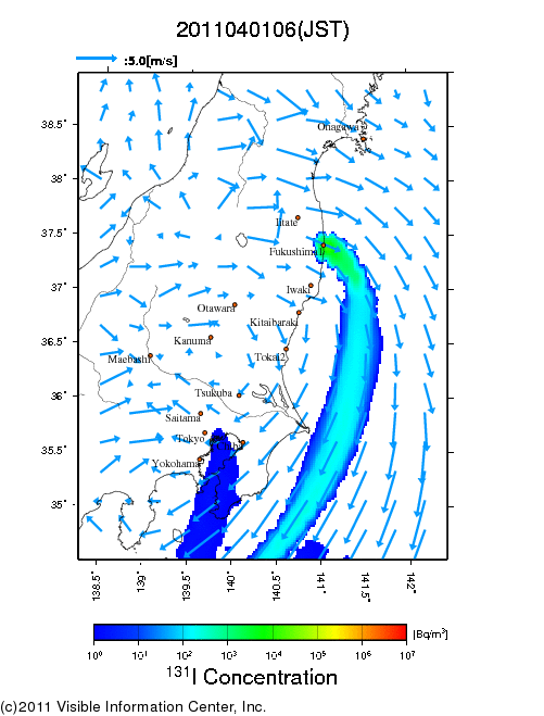 地表付近 大気中濃度分布[Bq/m3]　2011-04-01 06時