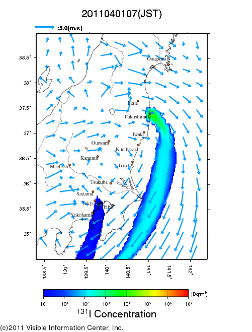 大気中濃度分布[Bq/m3]　2011040107