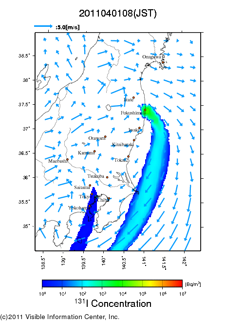 地表付近 大気中濃度分布[Bq/m3]　2011-04-01 08時