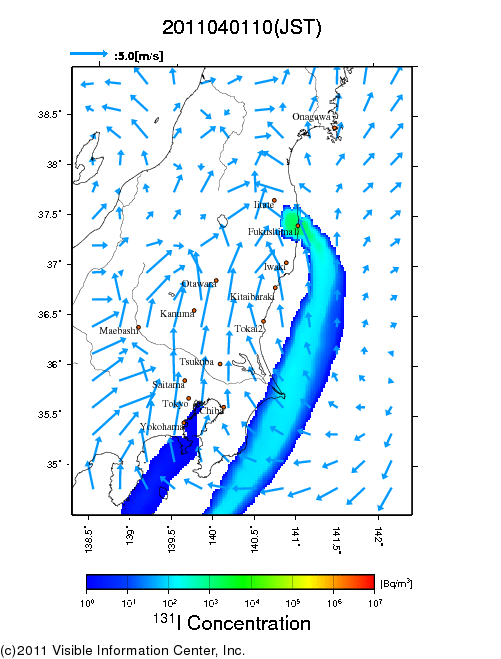 地表付近 大気中濃度分布[Bq/m3]　2011-04-01 10時