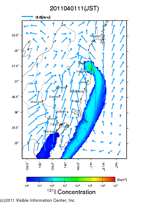 地表付近 大気中濃度分布[Bq/m3]　2011-04-01 11時