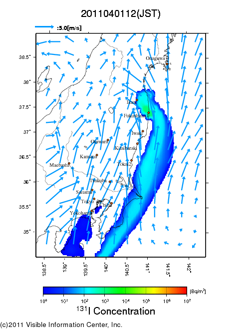 地表付近 大気中濃度分布[Bq/m3]　2011-04-01 12時