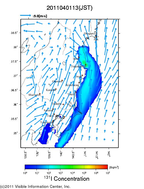 地表付近 大気中濃度分布[Bq/m3]　2011-04-01 13時