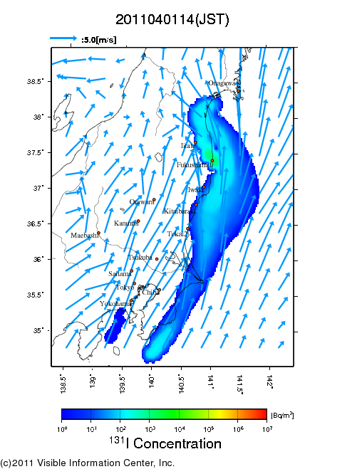 地表付近 大気中濃度分布[Bq/m3]　2011-04-01 14時