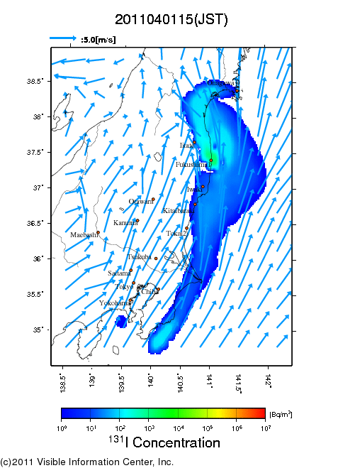 地表付近 大気中濃度分布[Bq/m3]　2011-04-01 15時