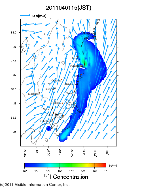 大気中濃度分布[Bq/m3]　2011040115