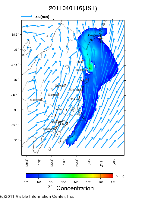 地表付近 大気中濃度分布[Bq/m3]　2011-04-01 16時