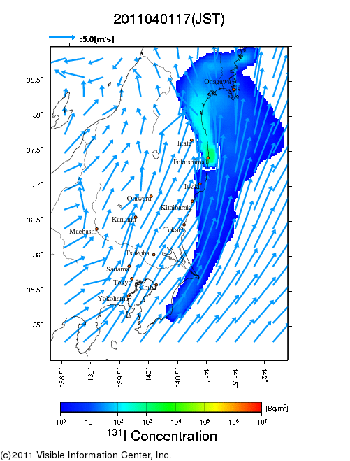 大気中濃度分布[Bq/m3]　2011040117