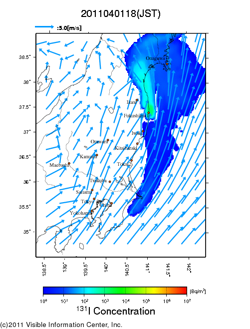 地表付近 大気中濃度分布[Bq/m3]　2011-04-01 18時