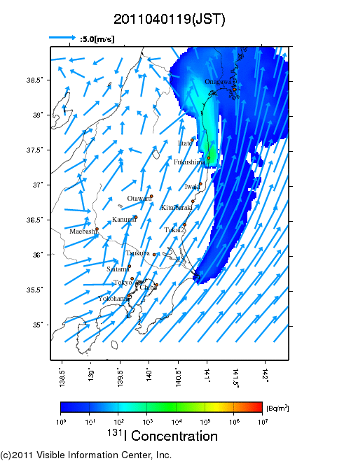 地表付近 大気中濃度分布[Bq/m3]　2011-04-01 19時