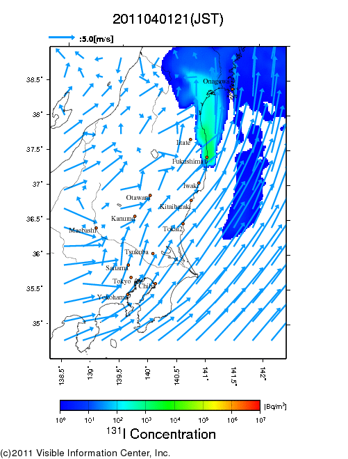 地表付近 大気中濃度分布[Bq/m3]　2011-04-01 21時