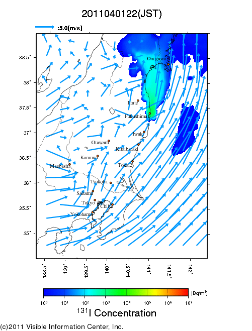 地表付近 大気中濃度分布[Bq/m3]　2011-04-01 22時