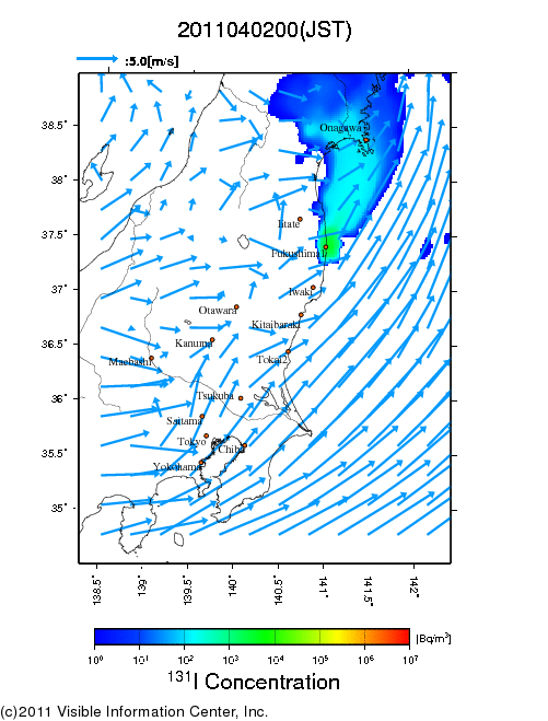 地表付近 大気中濃度分布[Bq/m3]　2011-04-02 00時