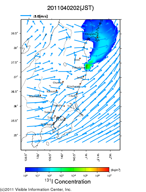 地表付近 大気中濃度分布[Bq/m3]　2011-04-02 02時