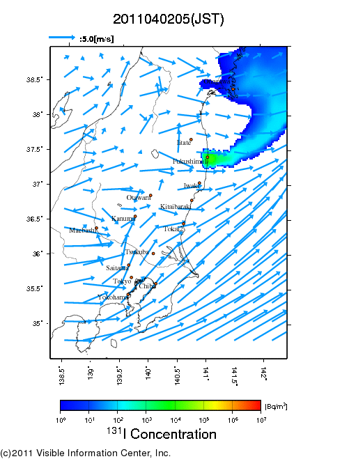 地表付近 大気中濃度分布[Bq/m3]　2011-04-02 05時