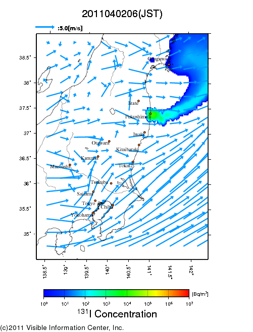 地表付近 大気中濃度分布[Bq/m3]　2011-04-02 06時