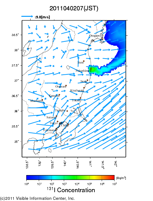 地表付近 大気中濃度分布[Bq/m3]　2011-04-02 07時