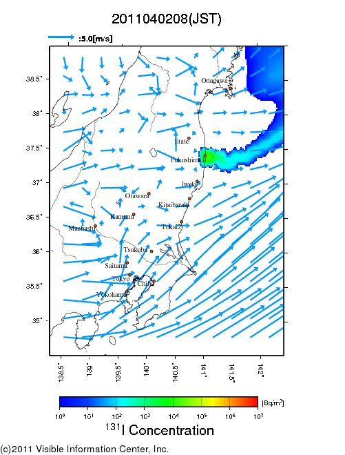 地表付近 大気中濃度分布[Bq/m3]　2011-04-02 08時