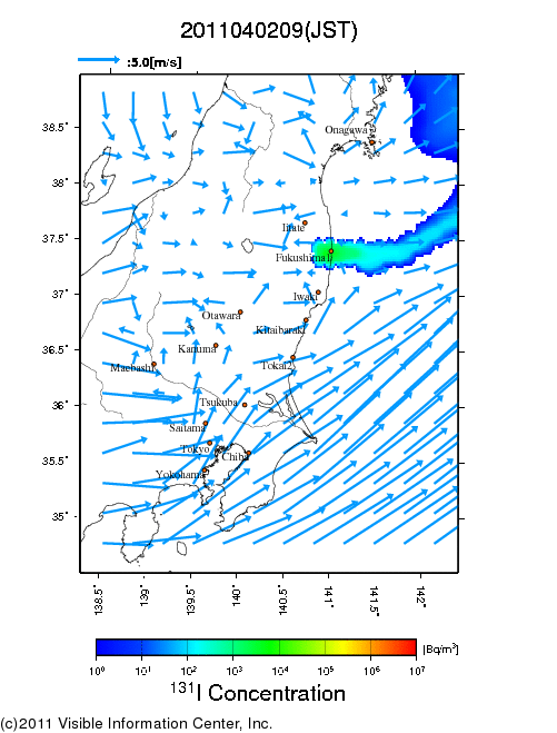 地表付近 大気中濃度分布[Bq/m3]　2011-04-02 09時