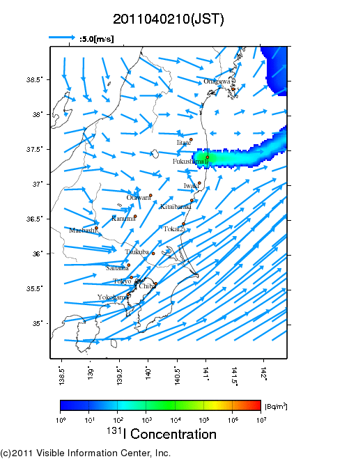 地表付近 大気中濃度分布[Bq/m3]　2011-04-02 10時