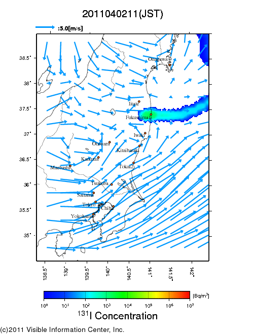 地表付近 大気中濃度分布[Bq/m3]　2011-04-02 11時