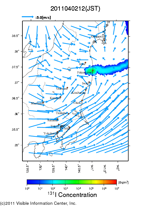 地表付近 大気中濃度分布[Bq/m3]　2011-04-02 12時