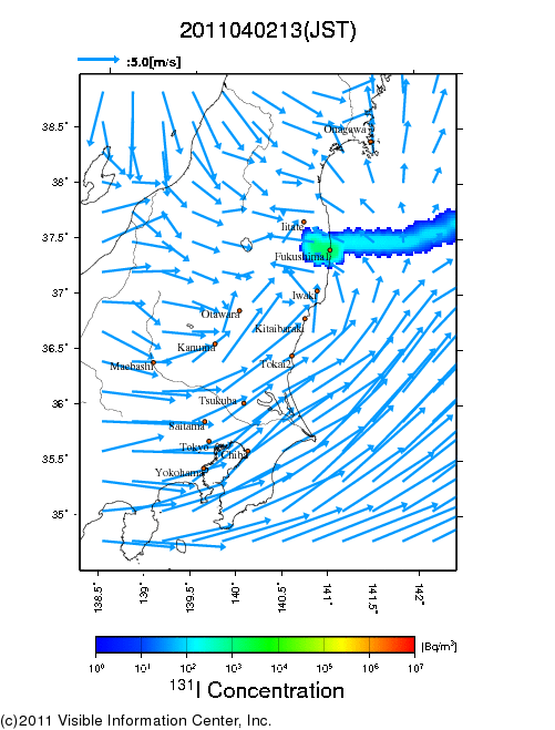 地表付近 大気中濃度分布[Bq/m3]　2011-04-02 13時